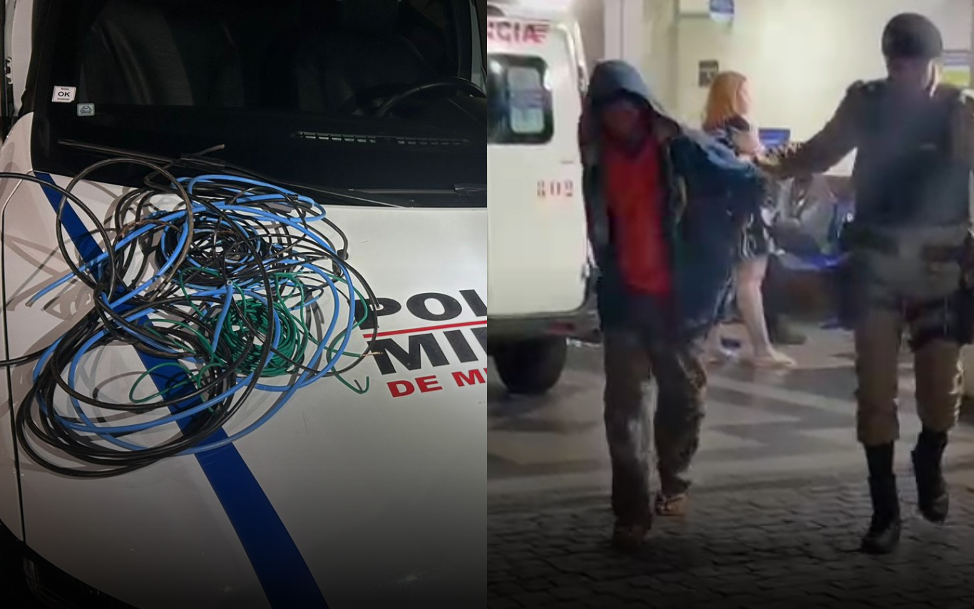Homem preso por furto de fios em Uberlândia é mostrado ao lado dos cabos elétricos e ferramentas apreendidas pela Polícia Militar após ser flagrado em uma obra no bairro Novo Mundo