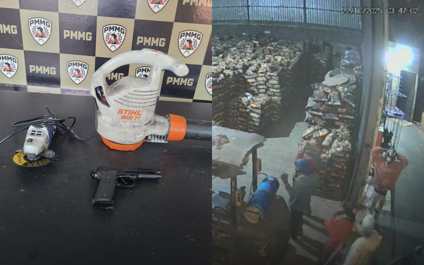 Imagens dos itens apreendidos e do momento em que os criminosos rendem os funcionários do depósito.