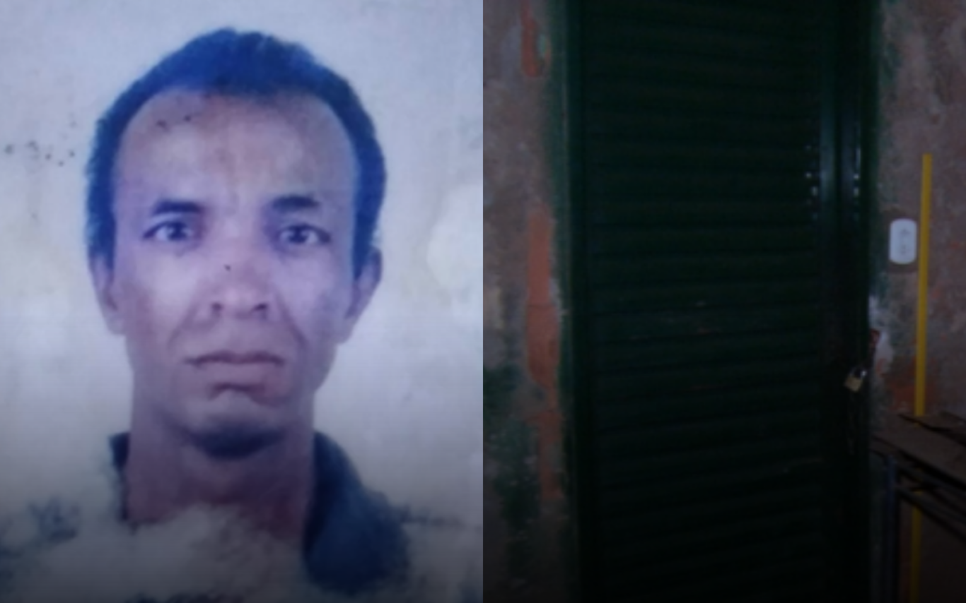 Imagem do desaparecido. Ao lado, a porta trancada de sua casa.