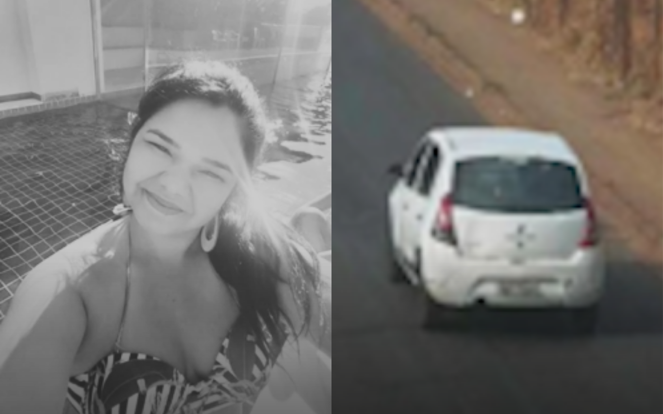 Imagem da vítima de feminicídio. Ao lado, o carro que ela utilizava para trabalhar.