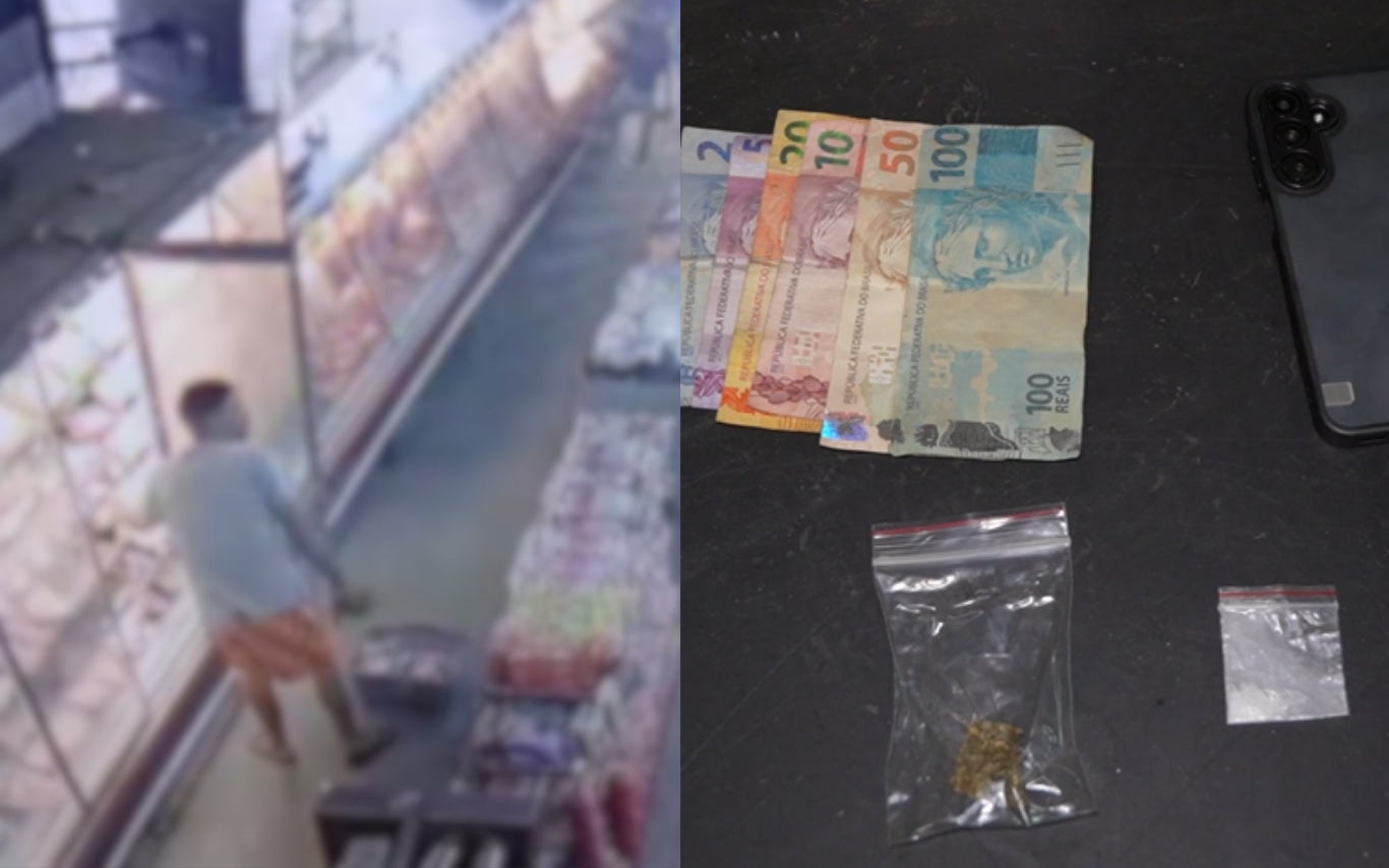 Imagem do momento do furto e dos itens apreendidos com os criminosos.