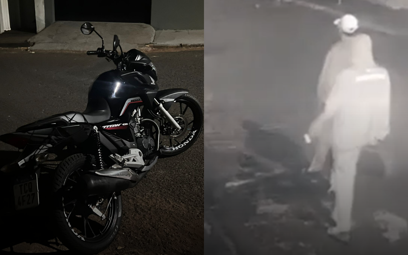 Imagem da motocicleta roubada. Ao lado, os ladrões autores do crime.