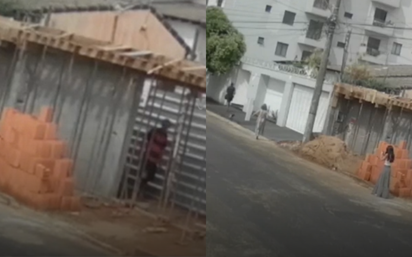 Imagens de câmera de segurança mostrando o momento da invasão do terreno. Ao lado, a ação da mãe e da filha.