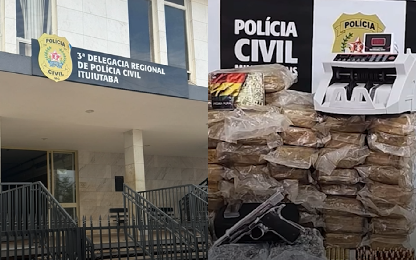 Sede da Polícia Civil de Ituiutaba. Ao lado, itens apreendidos na operação.