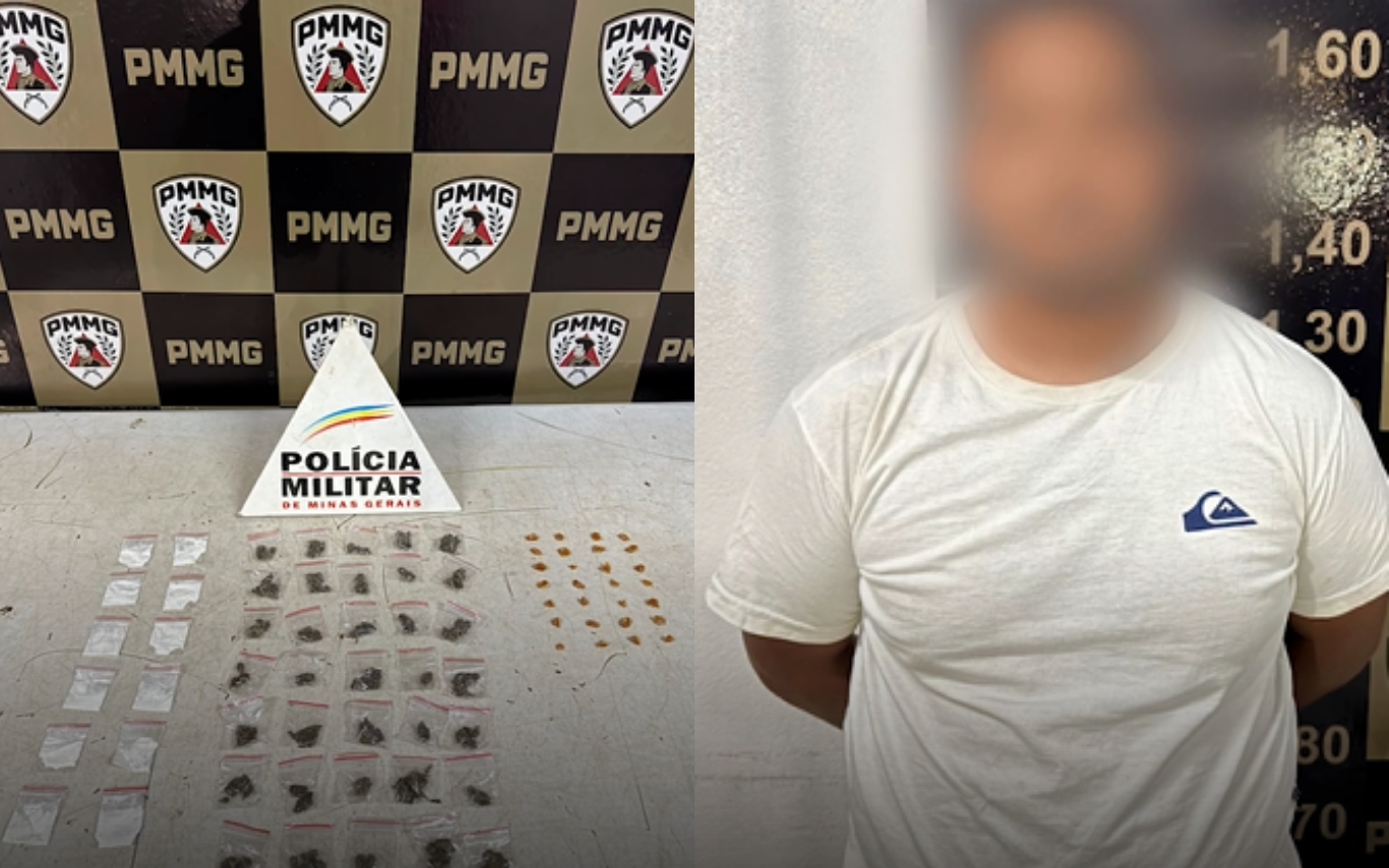 Imagem que reúne os itens apreendidos pela polícia durante operação. Ao lado, o homem preso.