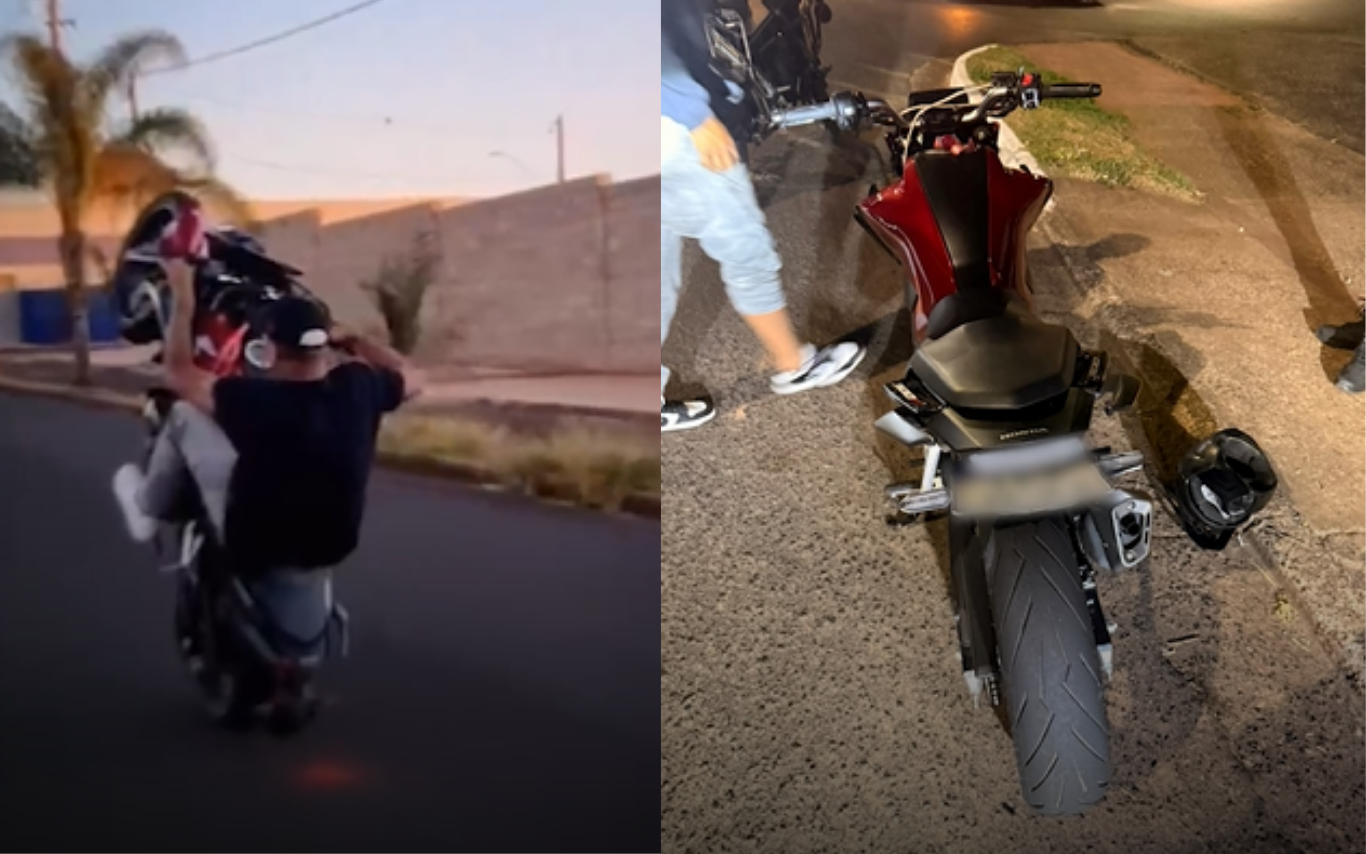 Reprodução de vídeo em redes sociais de homem fazendo manobras perigosas em moto. Ao lado, a motocicleta apreendida.