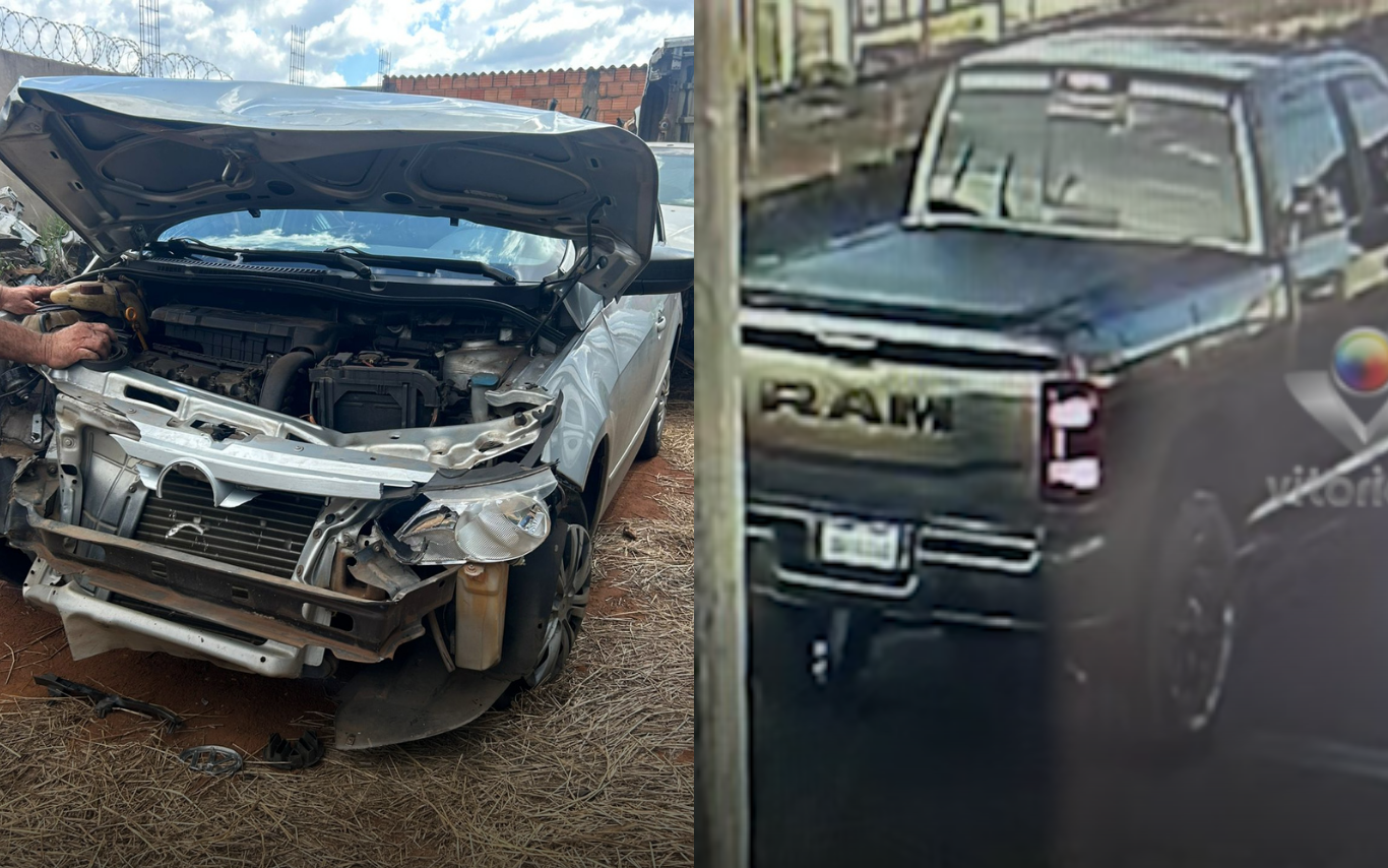 Imagem do carro danificado pelo acidente. Ao lado, a caminhonete do motorista responsável por causar a batida.
