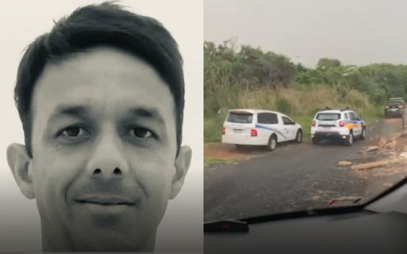 Empresário encontrado morto e o local de onde o corpo foi retirado.