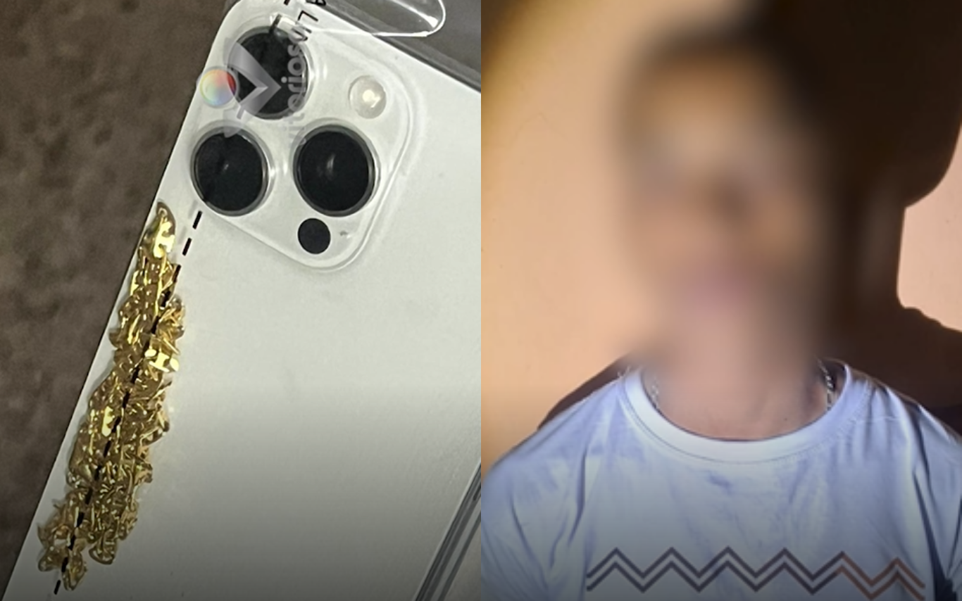 Alguns dos itens roubados durante a abordagem. Ao lado, o suspeito preso.