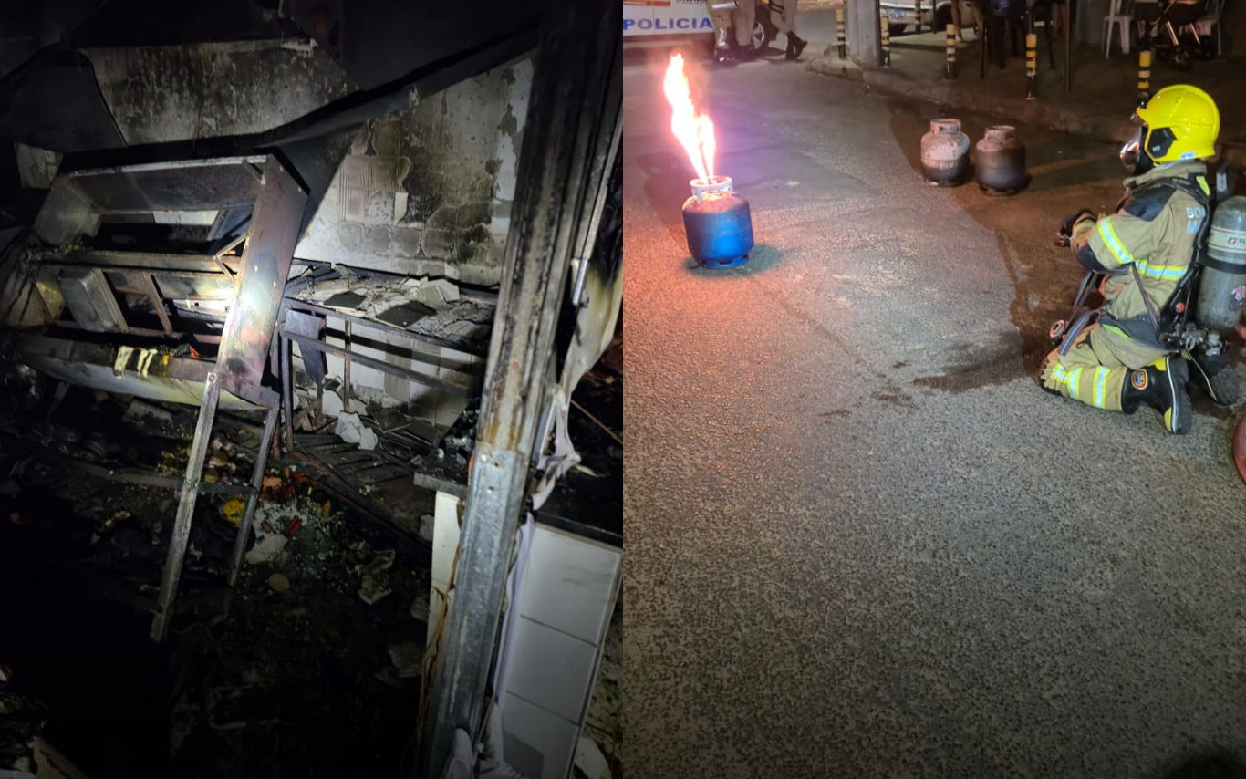 Local do incidente após a explosão e bombeiro fazendo queima controlada do botijão.