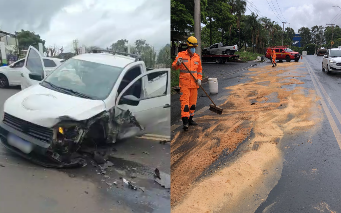 Local do acidente, com carro destruído e óleo na pista.