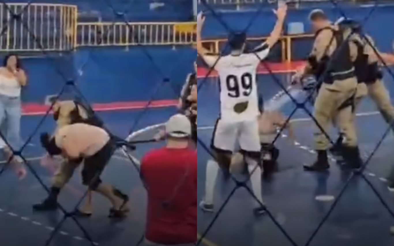 Imagens da confusão durante jogo de futsal em Prata.