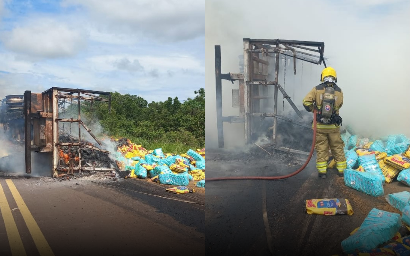 Incêndio em carreta na BR-364, próximo a Gurinhatã