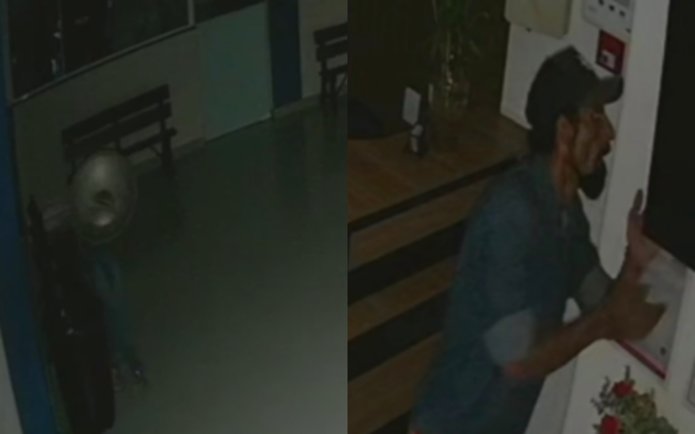 Ladrão escondendo rosto com tampa de lixeira durante furto.