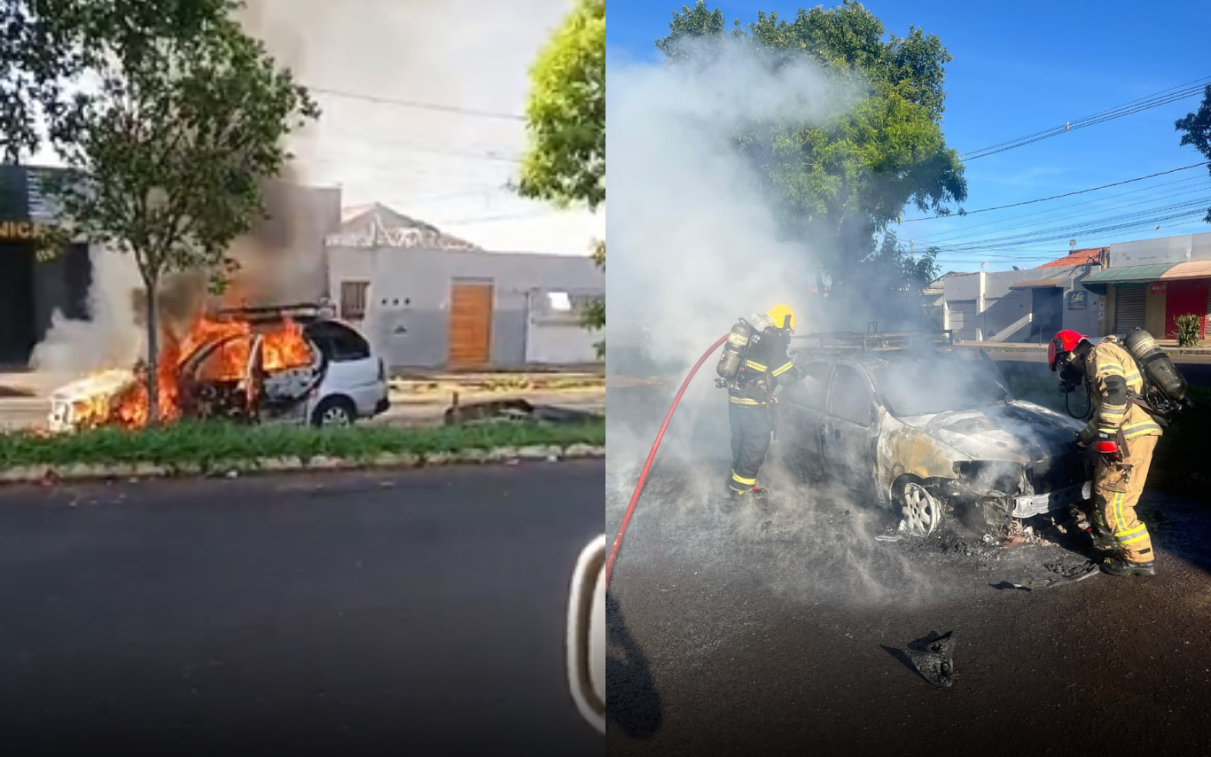 Carro destruído após incêndio no São Jorge, em Uberlândia