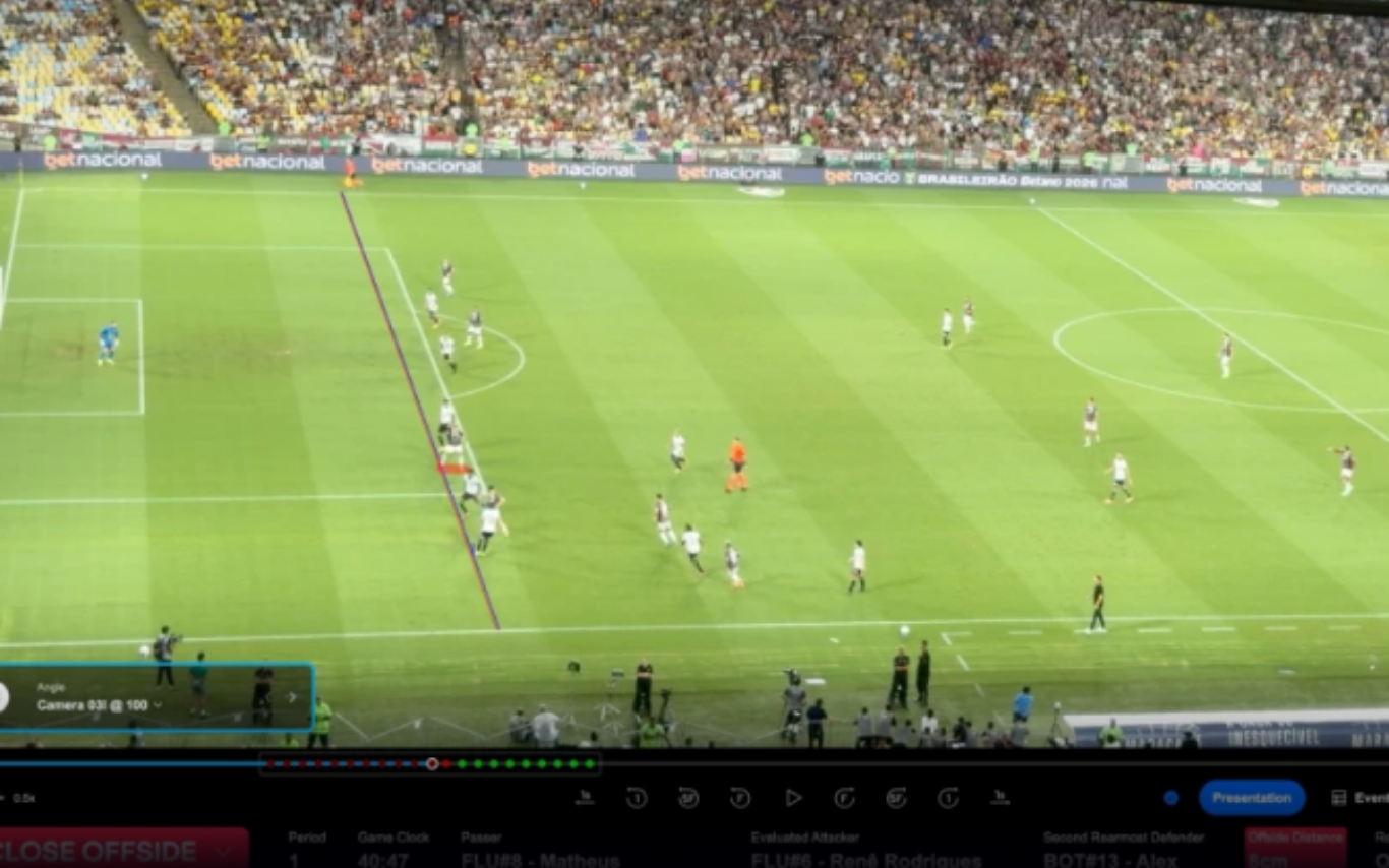 Imagem da revisão do impedimento semiautomático no Maracanã, no jogo entre Fluminense e Botafogo
