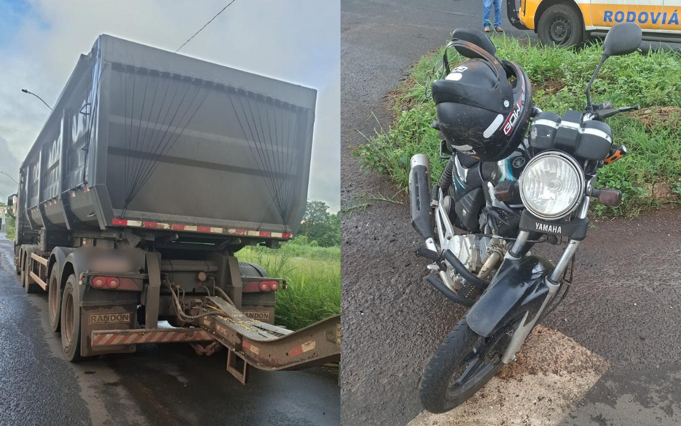 Acidente entre caminhão e motocicleta em Uberlândia