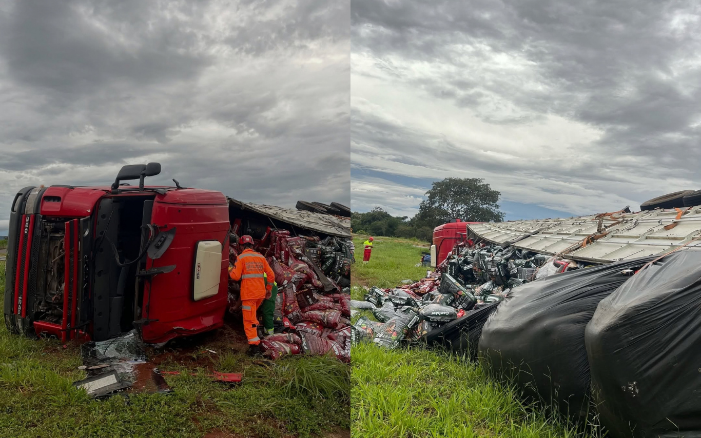 Carreta tomba em trevo próximo a Ituiuatba