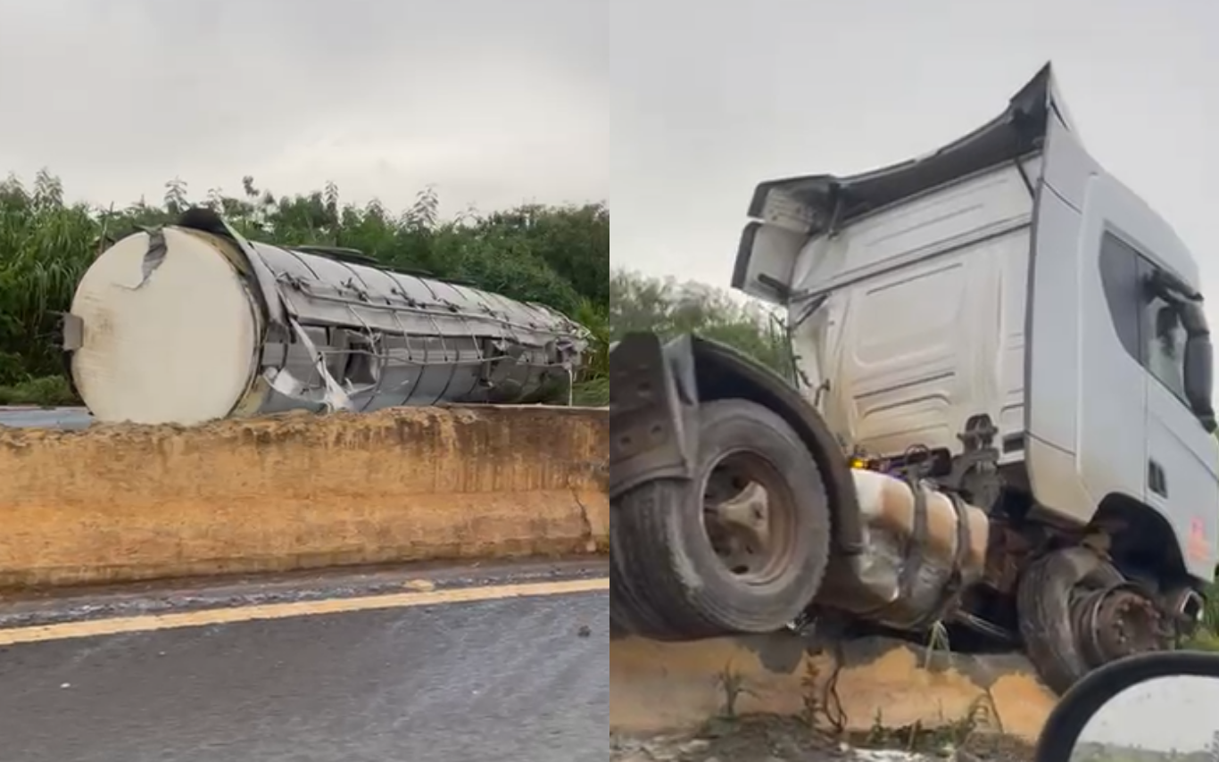 Carreta-tanque que se envolveu em acidente na BR-352