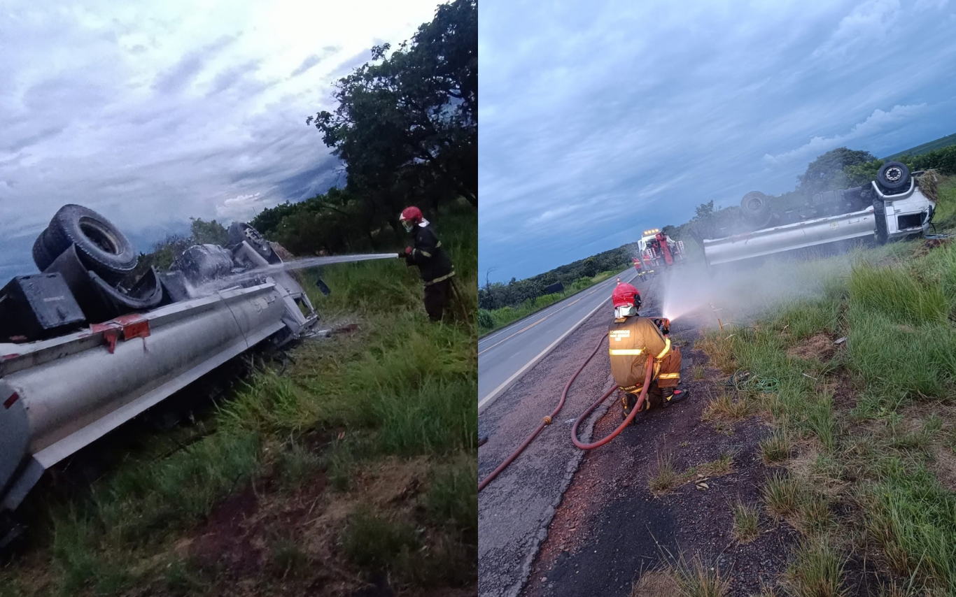 Capotamento de caminhão com combustível em Prata