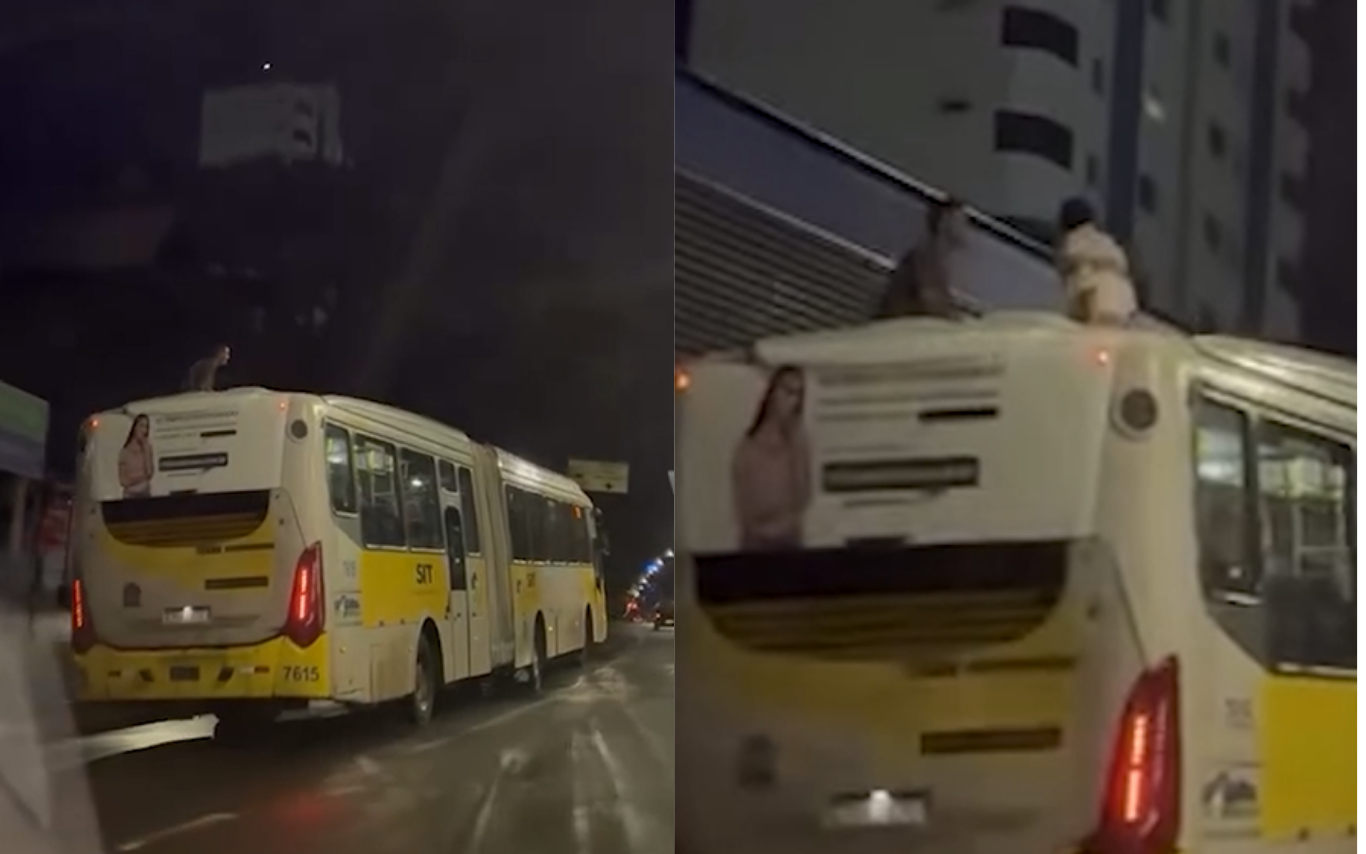 Jovens em cima de ônibus em movimento em Uberlândia