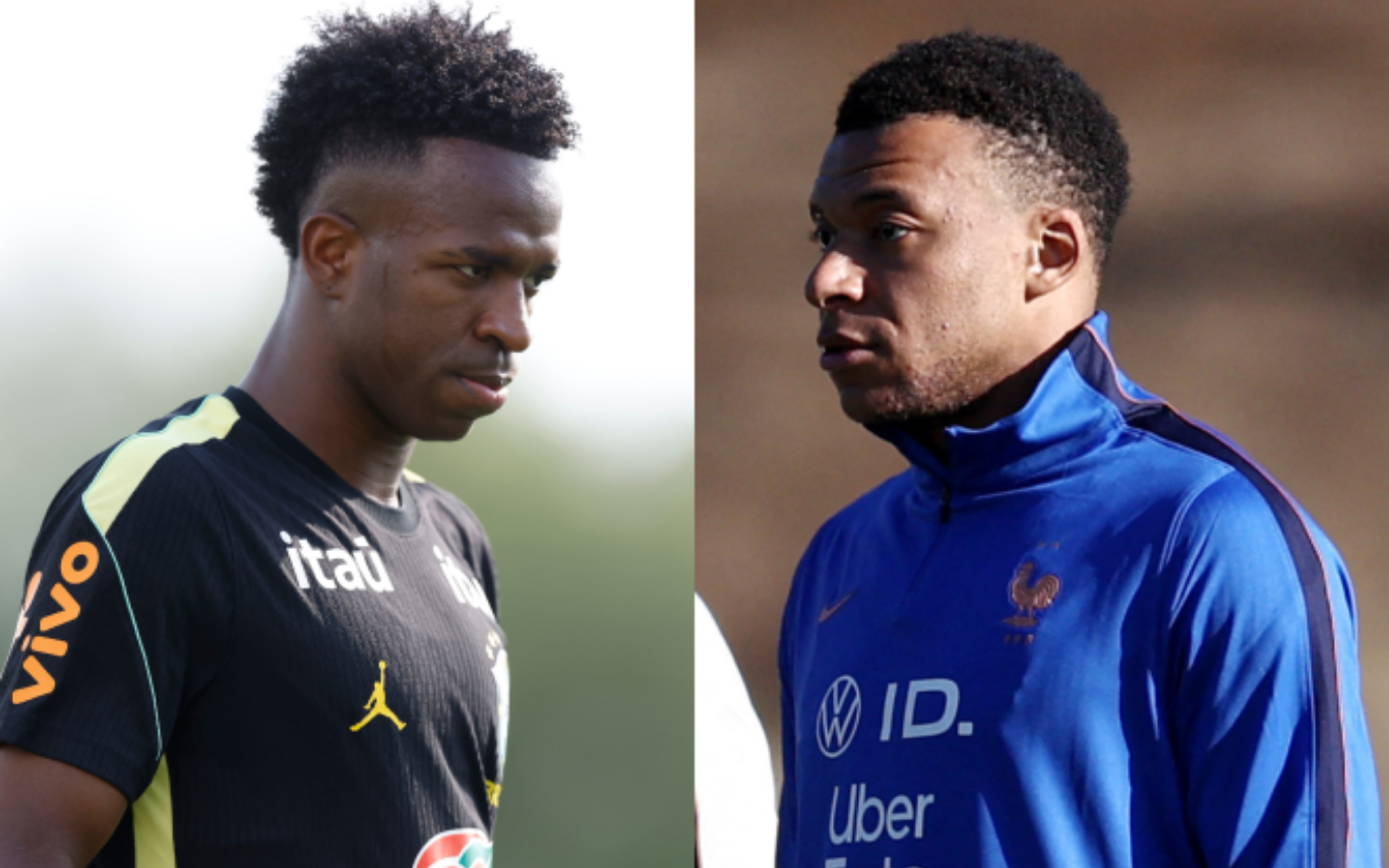 Vini Jr., do Brasil, e Kylian Mbappé, da França