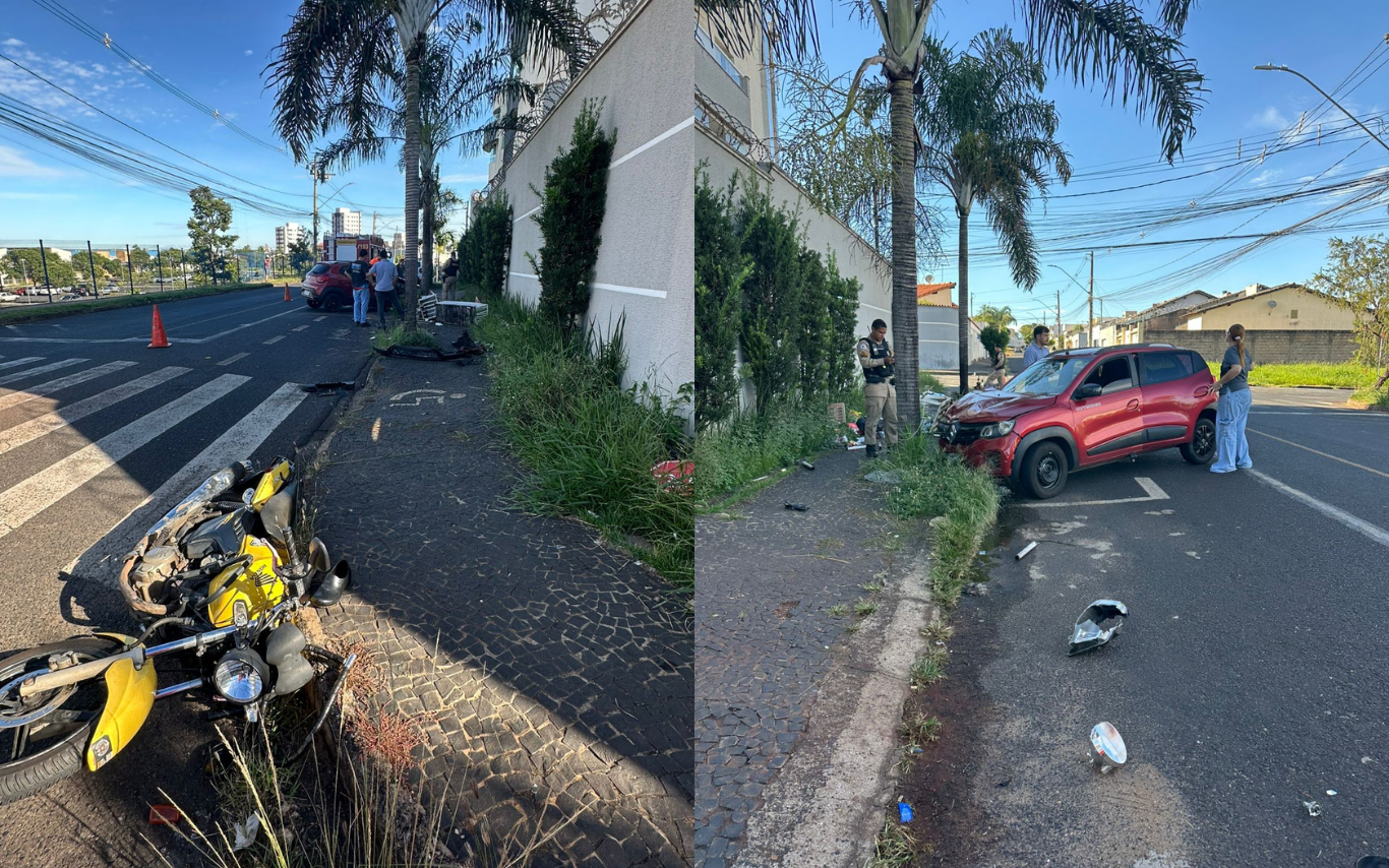 Acidente entre carro e moto no bairro Granada, em Uberlândia