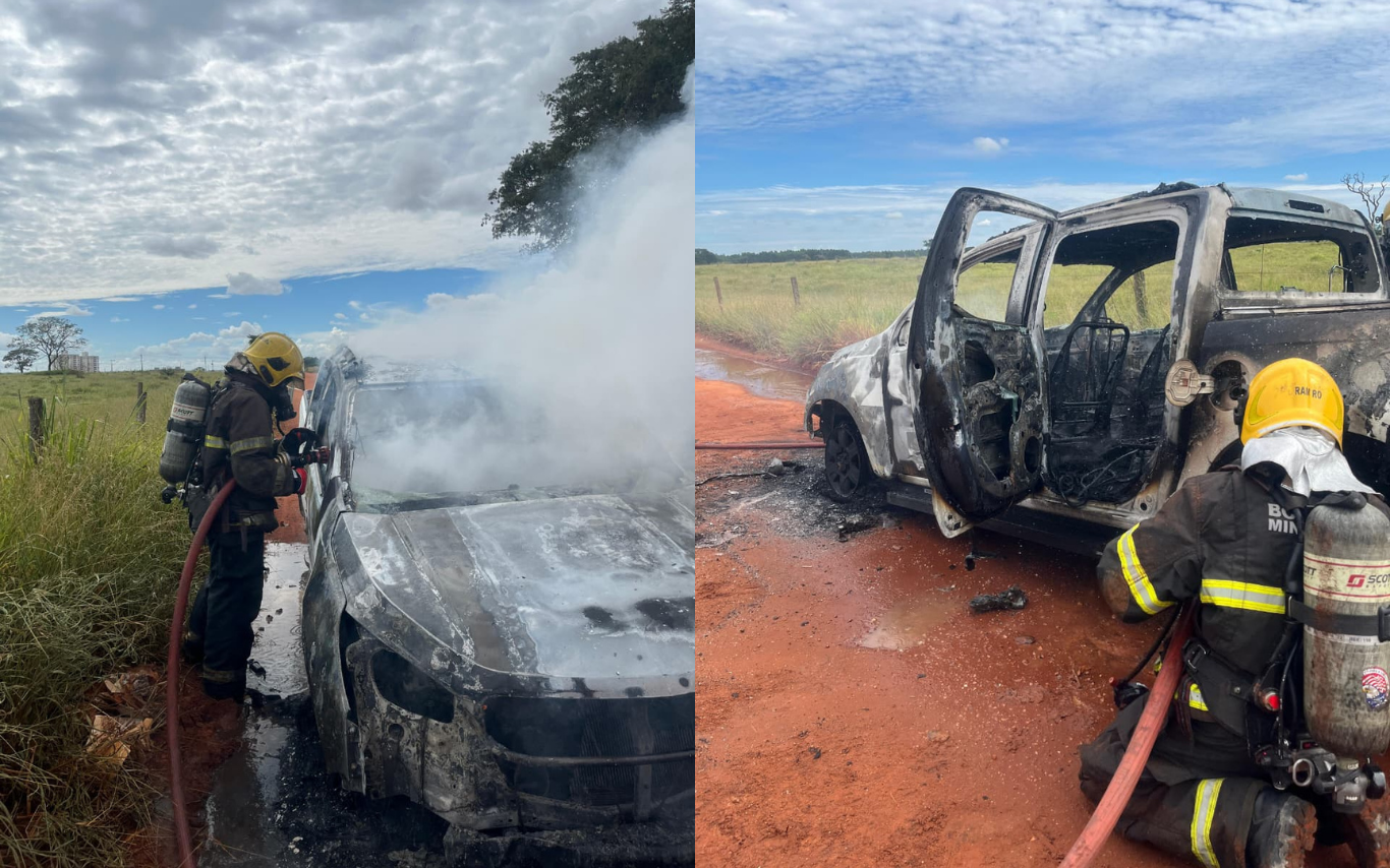 Caminhonete destruída por incêndio em Uberlândia