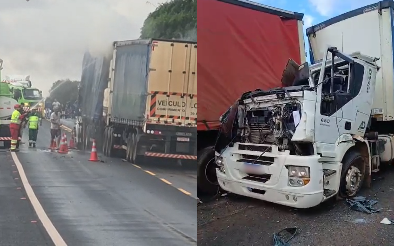 Acidente com carretas causa incêndio na BR-365