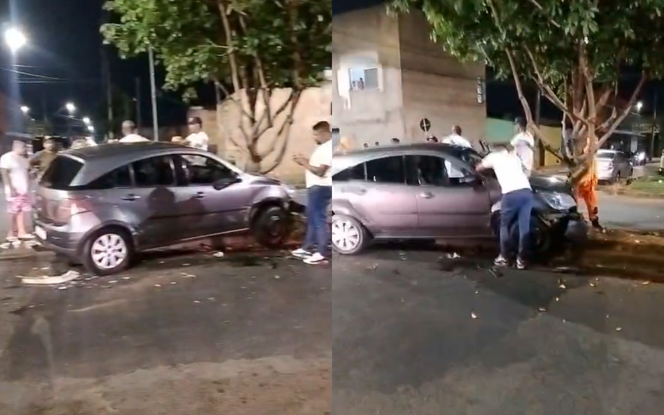Colisão em cruzamento lança carro em árvore no Residencial Integração, em Uberlândia