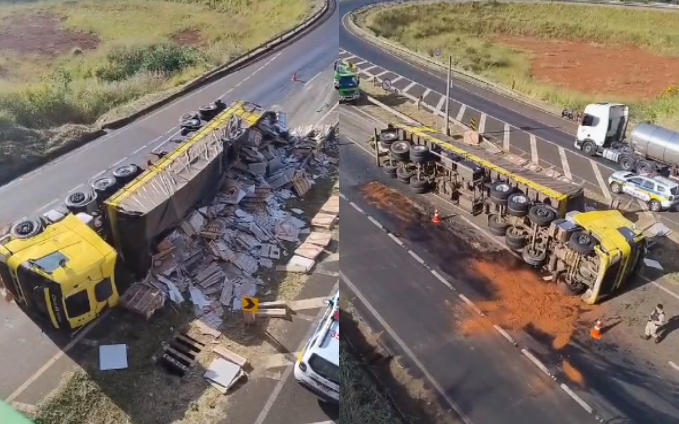 Carreta carregada com pisos tomba em Uberlândia