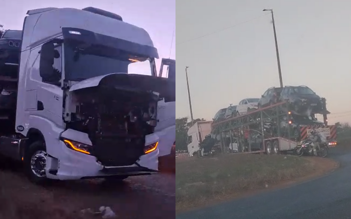 Carreta fica presa no Trevo do Alvorada, em Uberlândia