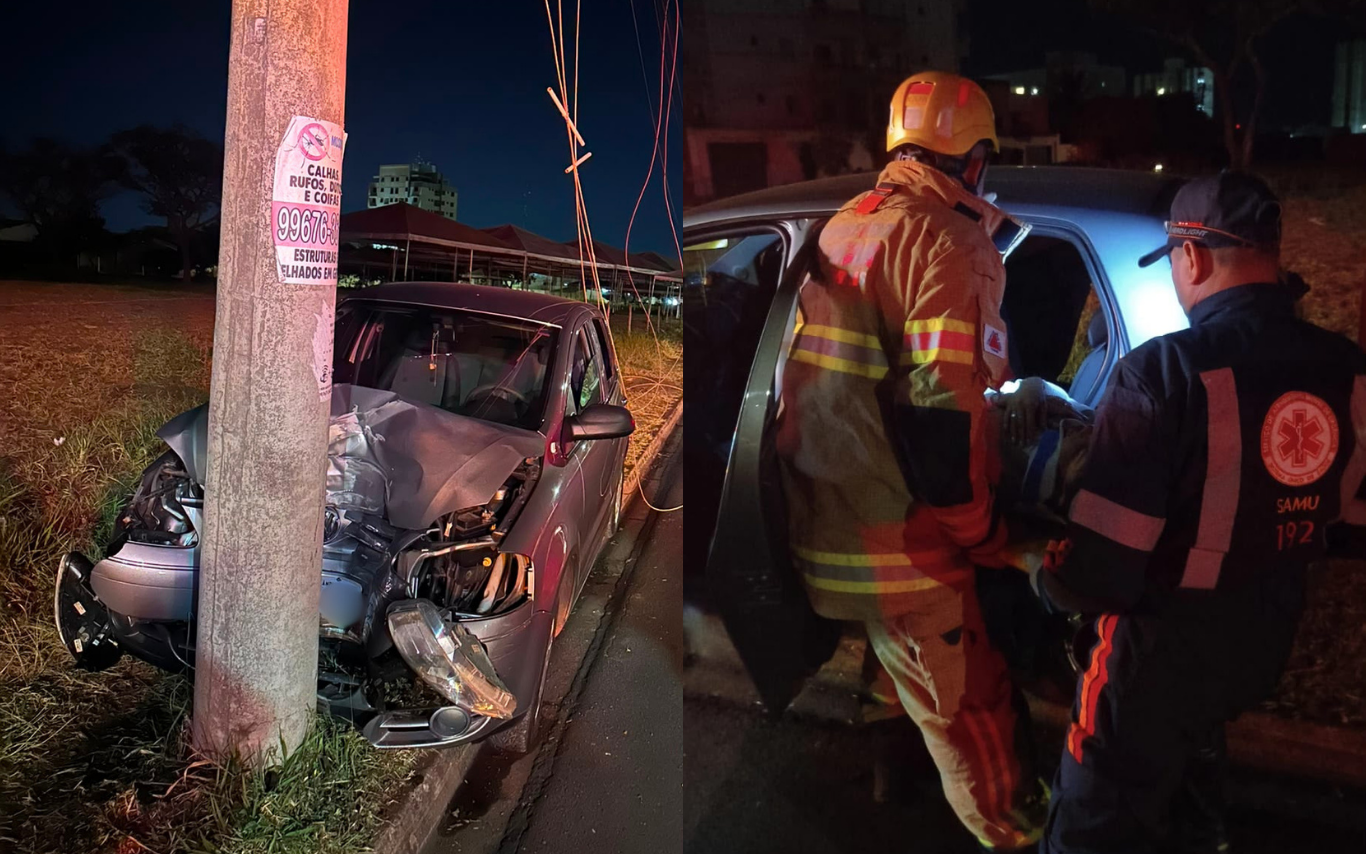 Colisão de carro contra poste no bairro Granada, em Uberlândia