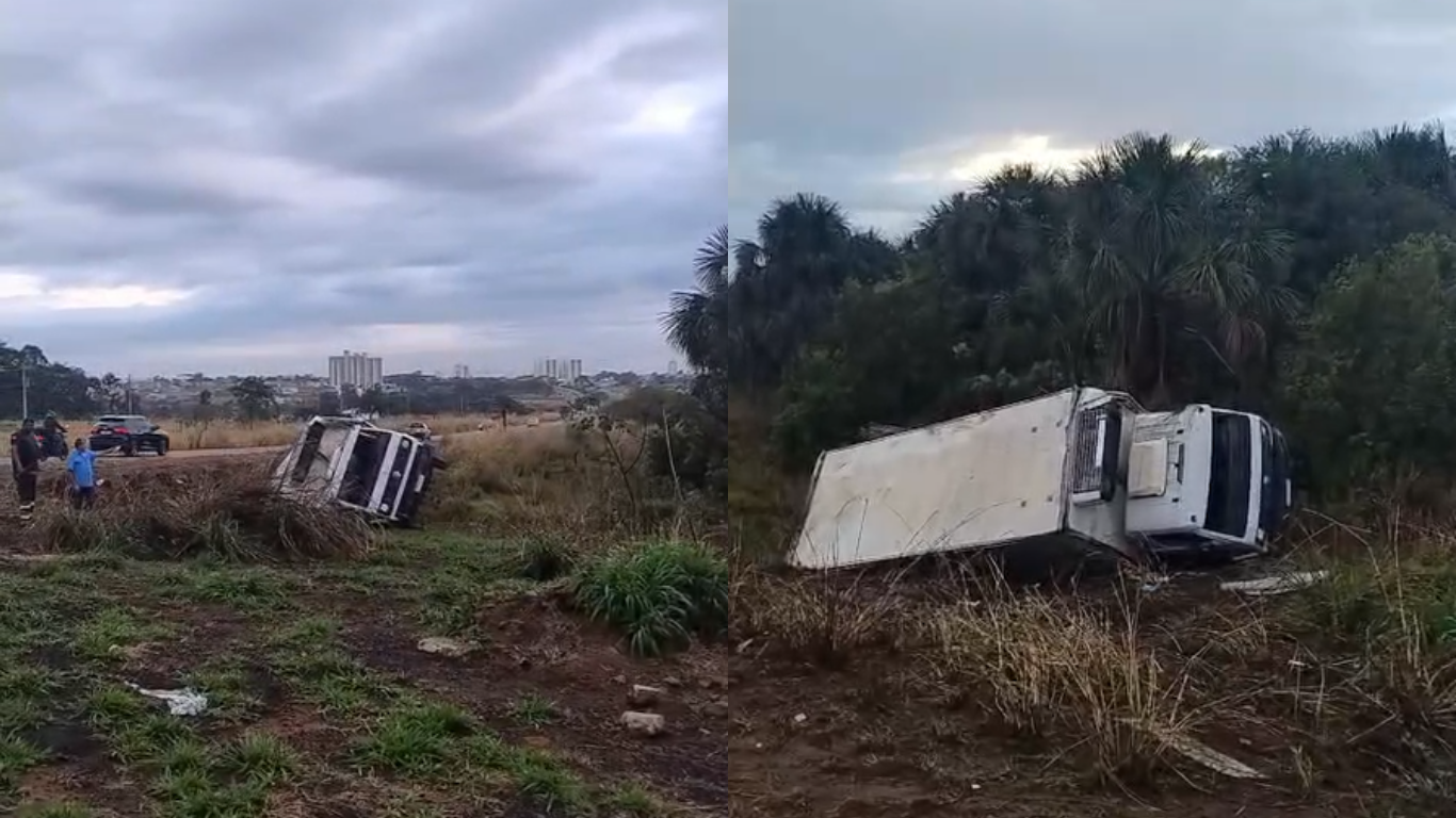 Caminhão carregado de carne cai em vala na MGC-497
