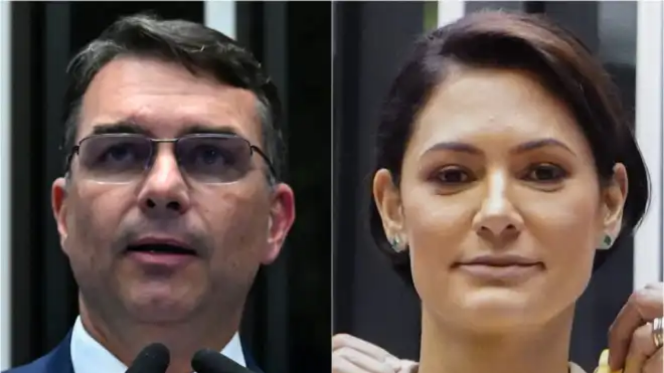 O senador Flávio Bolsonaro (esq.) e a ex-primeira-dama Michelle Bolsonaro (dir.)