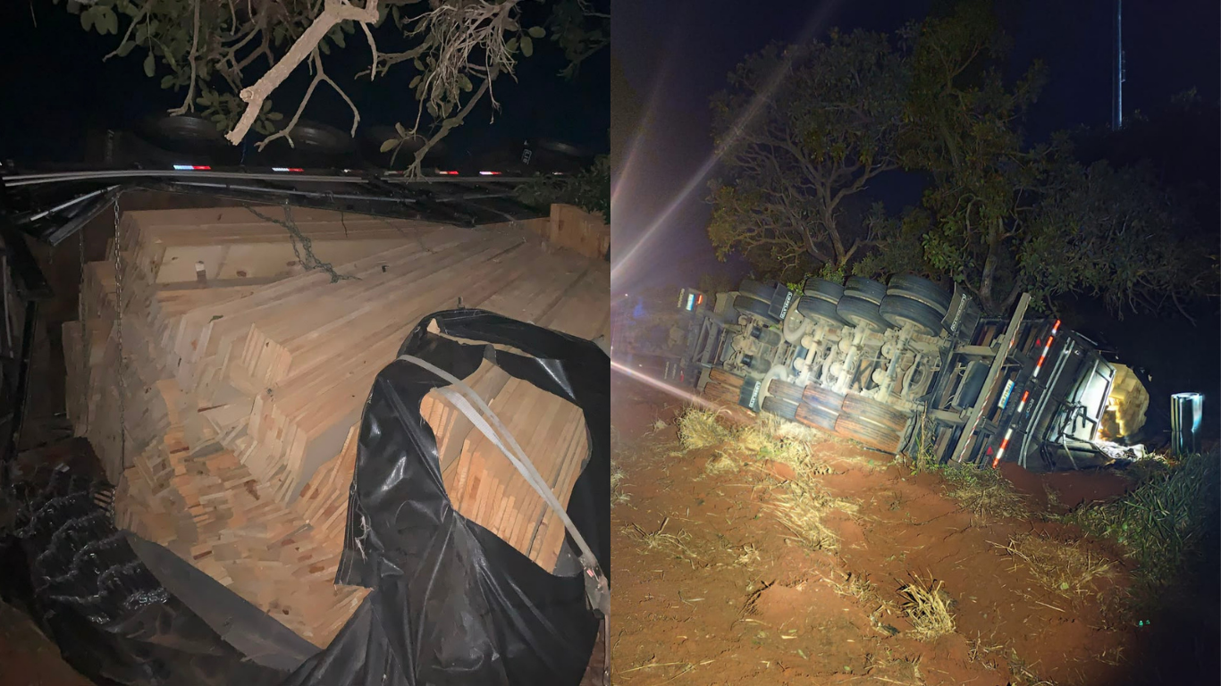 Tombamento de caminhão na MGC-497, em Uberlândia