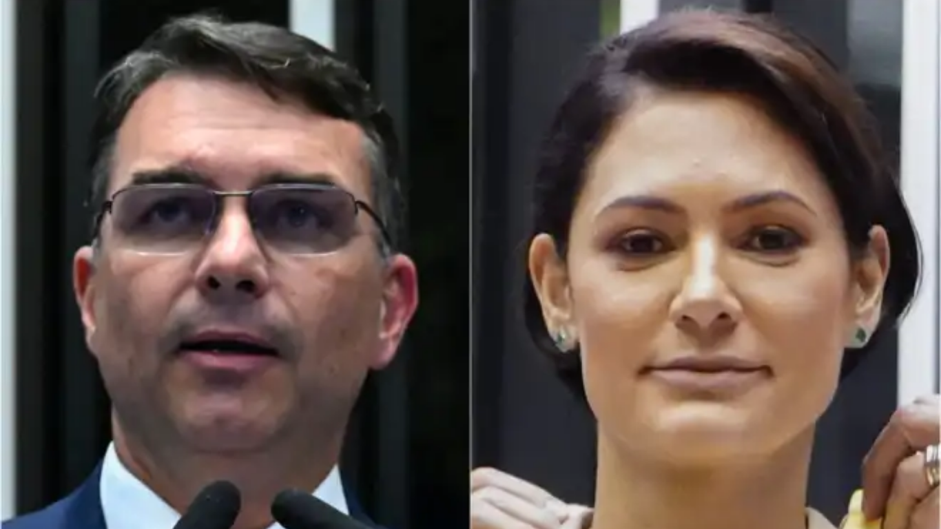 O senador Flávio Bolsonaro (esq.) e a ex-primeira-dama Michelle Bolsonaro (dir.)