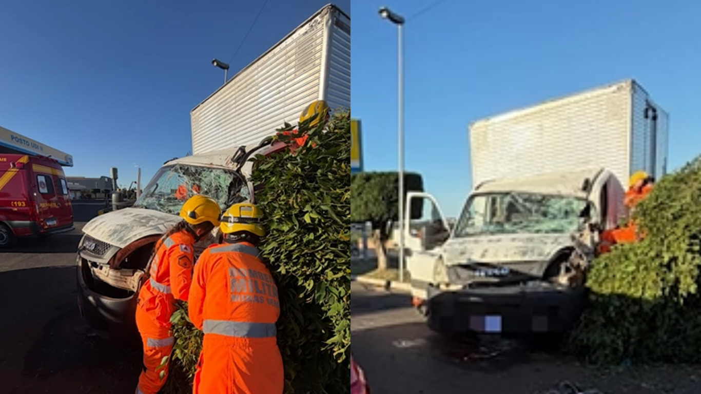 Motorista fica preso às ferragens após colisão com árvore em Uberlândia