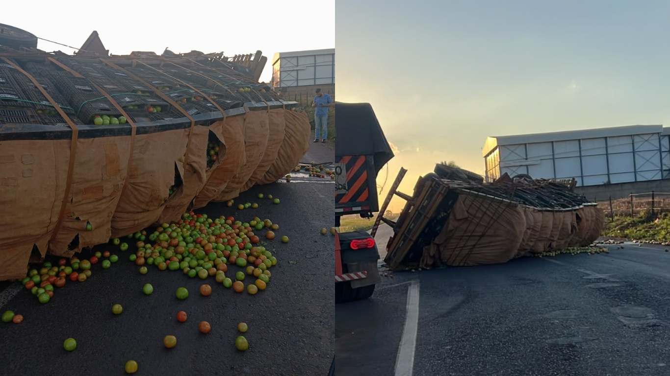 Caminhão carregado de tomates tomba próximo a Araguari
