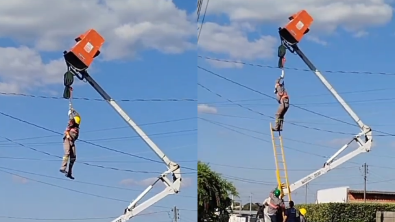 Trabalhador fica pendurado em cesto aéreo após acidente em Araguari