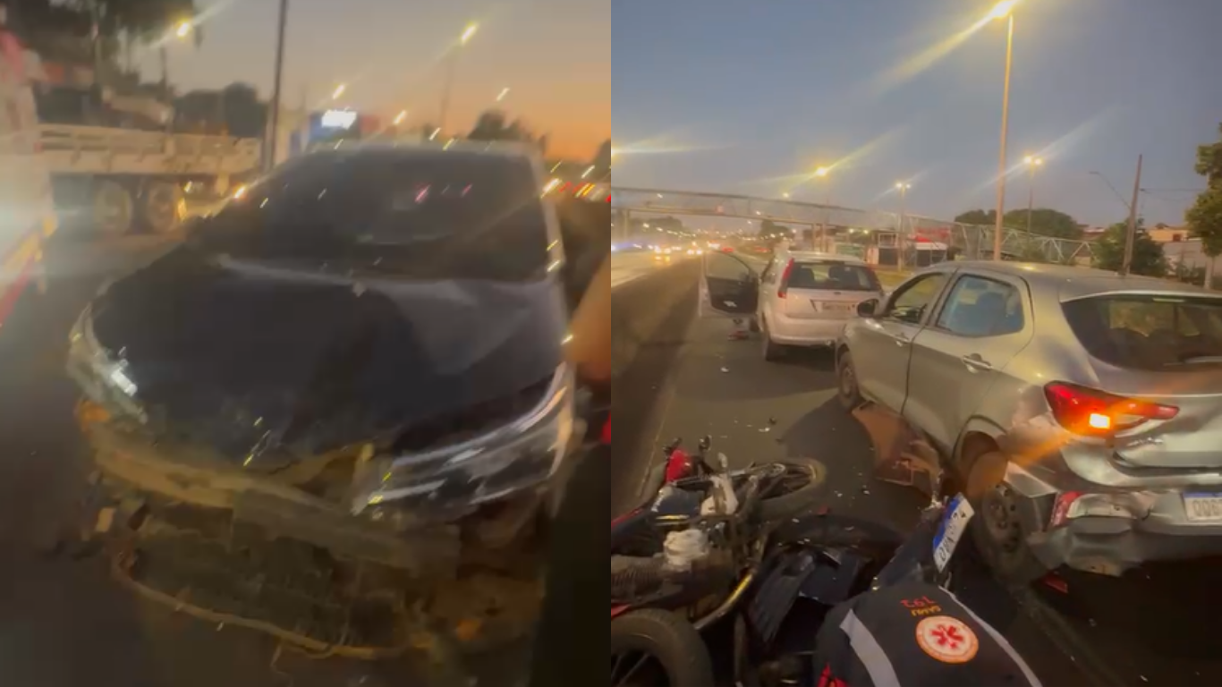 Acidente envolvendo três carros e uma moto em Uberlândia
