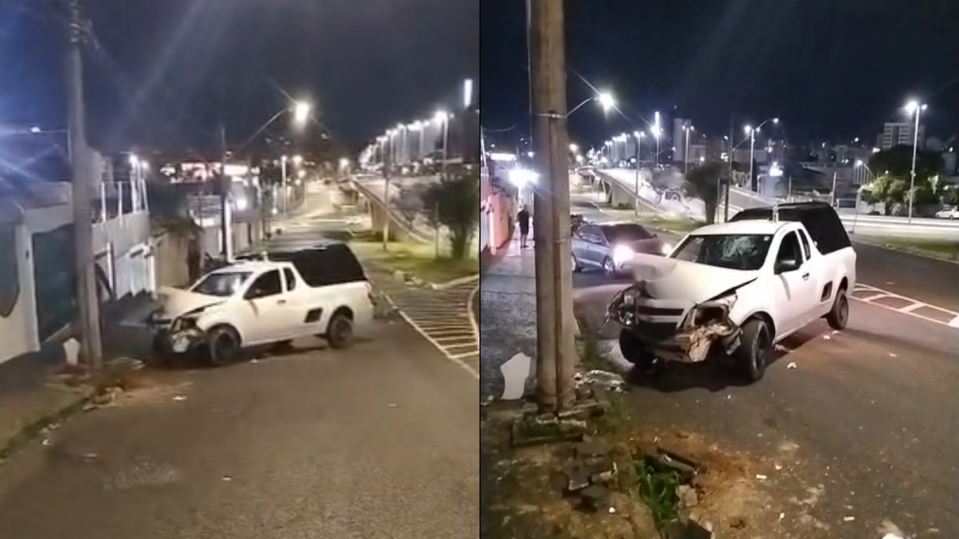 Batida frontal de carro em poste no bairro Aparecida, em Uberlândia