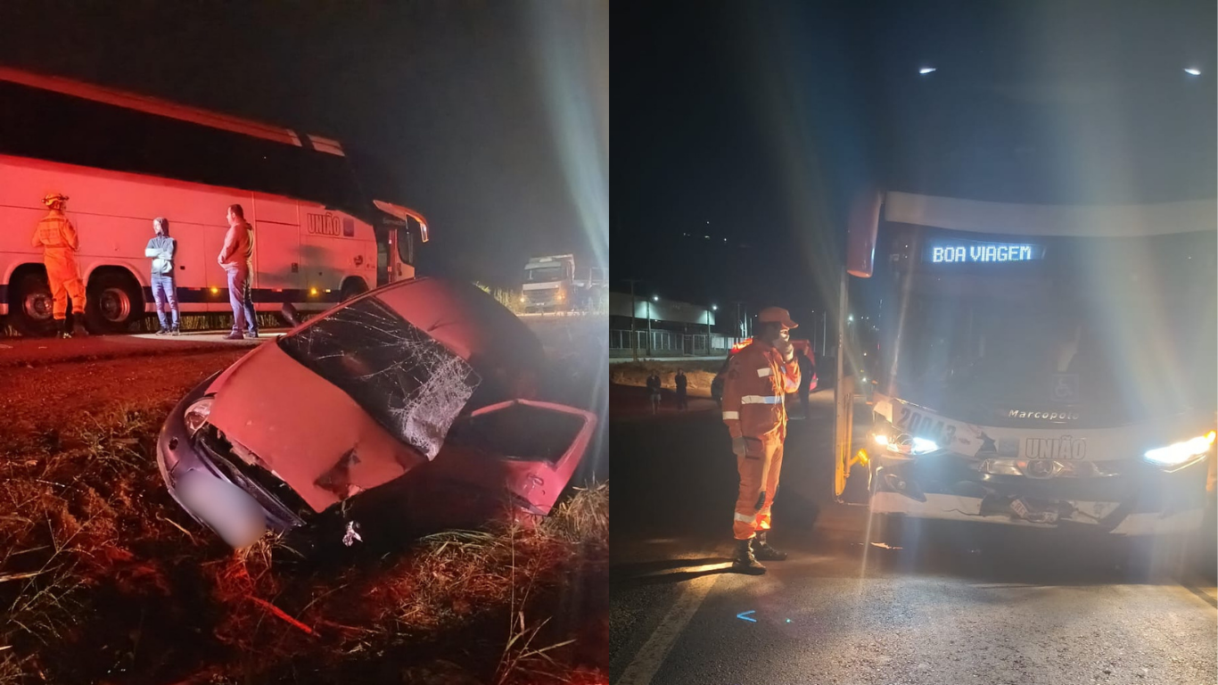 Motorista morre e passageira fica gravemente ferida em colisão frontal entre carro e ônibus na BR-365