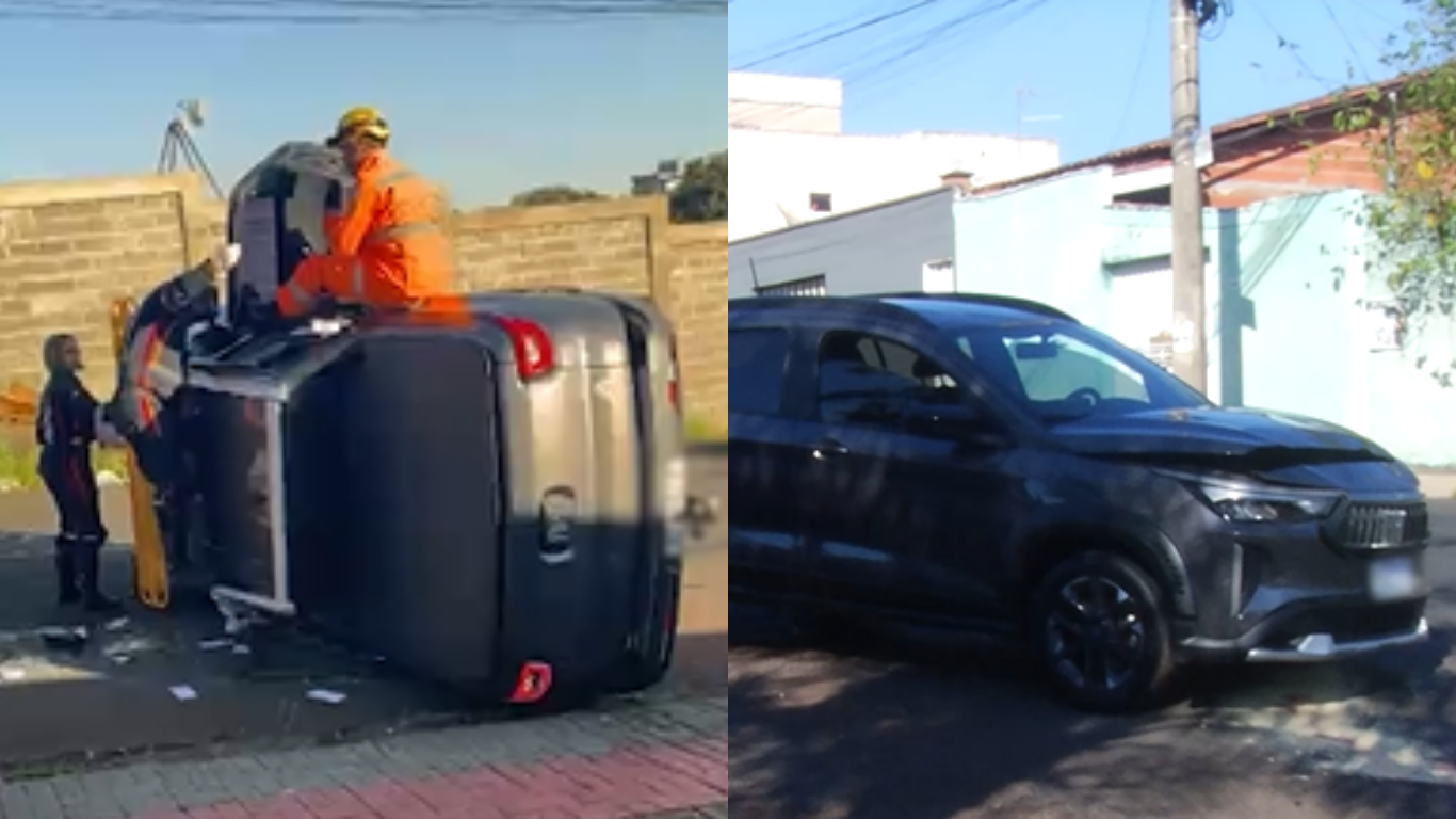 Carro capota após colisão em cruzamento no bairro Santa Mônica, em Uberlândia
