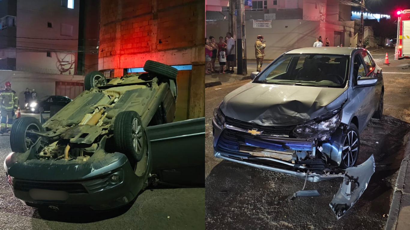 Carro capota após colisão no bairro Granada e mobiliza Bombeiros em Uberlândia