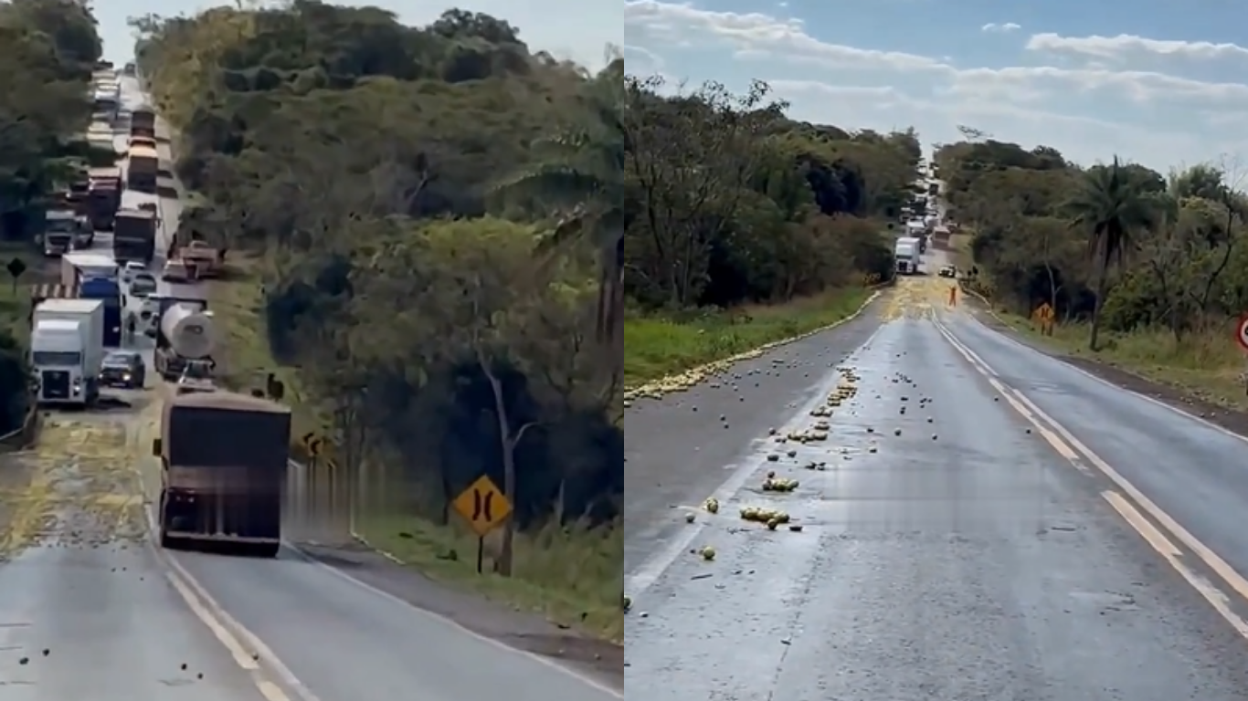 Acidente entre três caminhões espalha carga de laranjas na BR-153