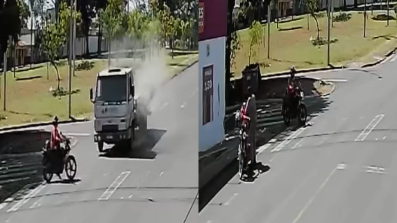 Câmera de segurança flagra caminhão freando bruscamente para evitar colisão com motociclista em Uberlândia