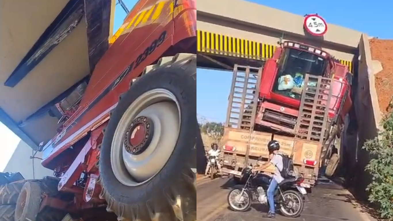 Carreta que transportava trator fica presa no Pontilhão do Alvorada e motorista será multado em Uberlândia