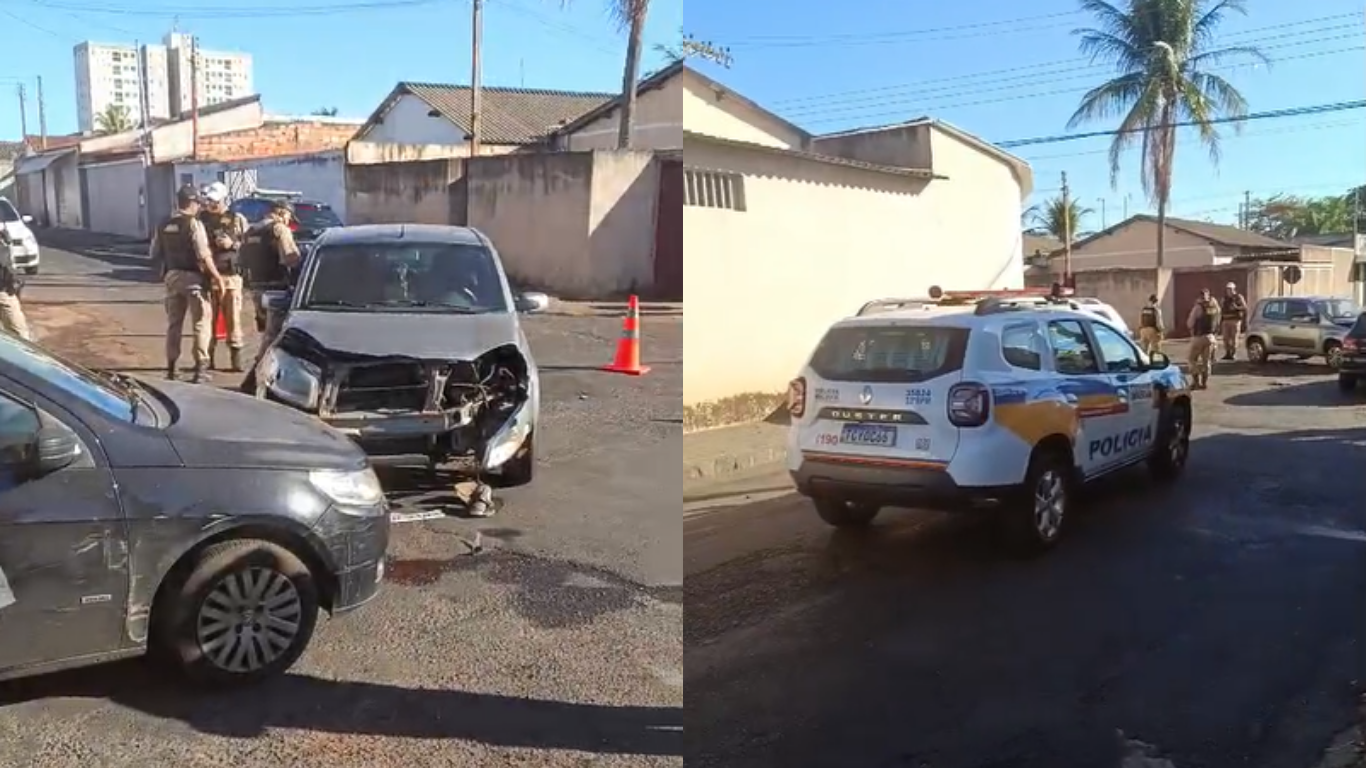 Acidente envolvendo três veículos e viatura da Polícia Militar é registrado no bairro Luizote, em Uberlândia
