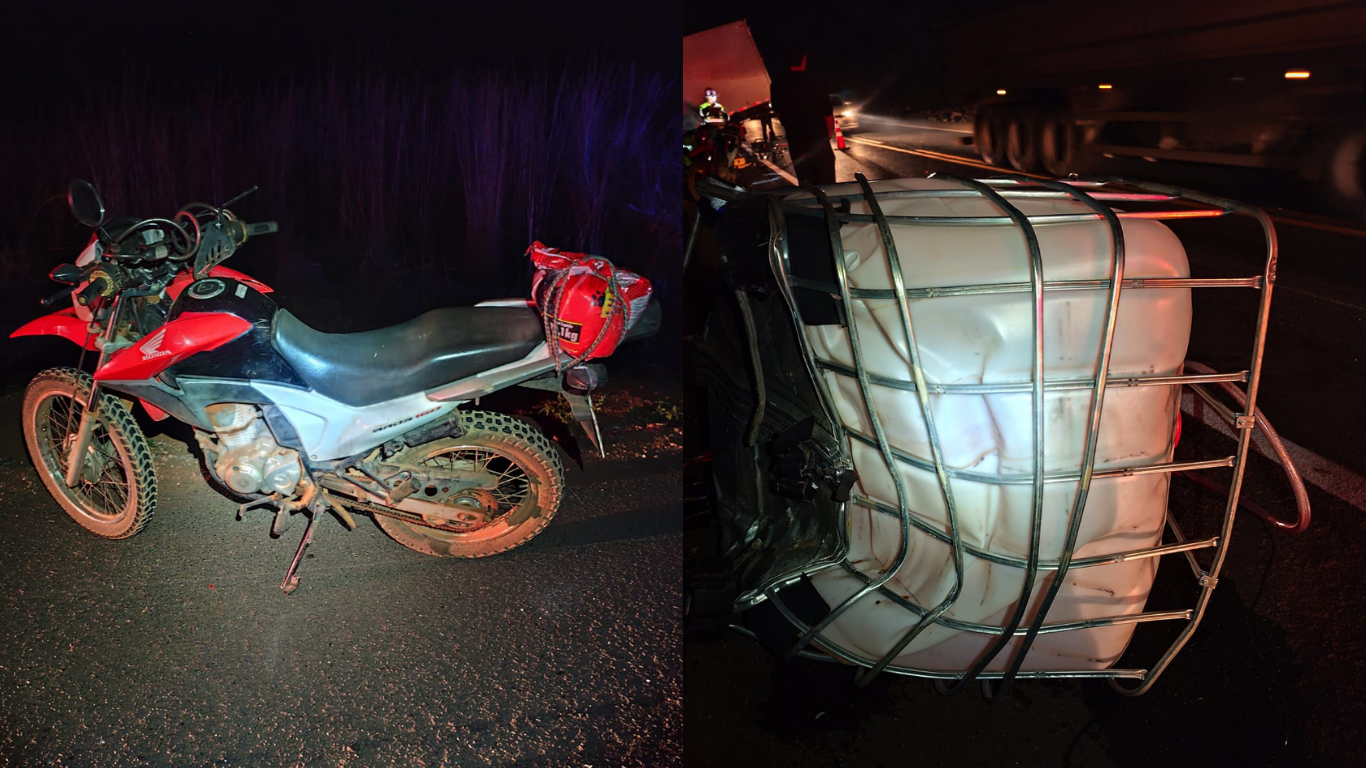 Queda de tanque de carga em rodovia provoca acidente entre caminhão e motocicleta na MGC-452